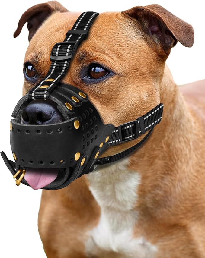 Dog Muzzle, Leather Basket Soft Muzzles Medium Large Breeds, Pitbull Dog Muzzle Amstaff Staffordshire Terrier, German Shepherd Dalmatian Doberman Adjustable (XL)-PurrikoPets