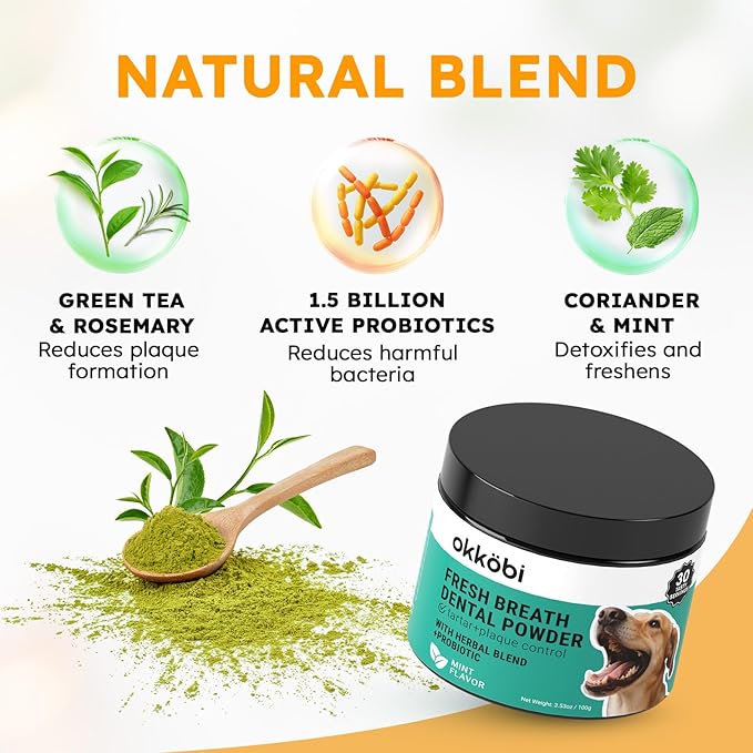 Dog Teeth Cleaning Powder - Dog Breath Freshener + Dental Care for Doggies & Cats + Tartar Remover for Teeth with Natural Ingredients + Probiotics Blend (Mint - 100g)-PurrikoPets