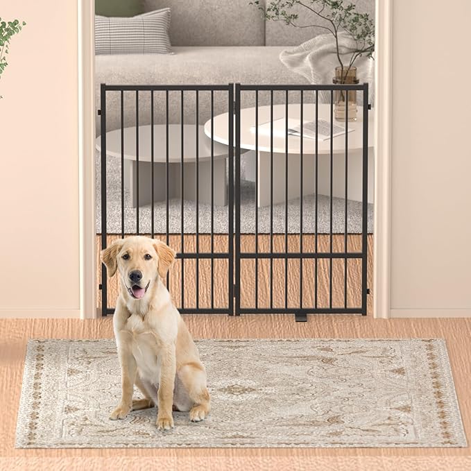 Full Metal Freestanding Dog Gate with Door, 36''Height Foldable Pet Dog Fence for Indoor & Outdoor, 2 Panels Extra Wide Free Standing TallDog Gates for Doorways,House,Stairs,Porch,Deck,Yard-PurrikoPets