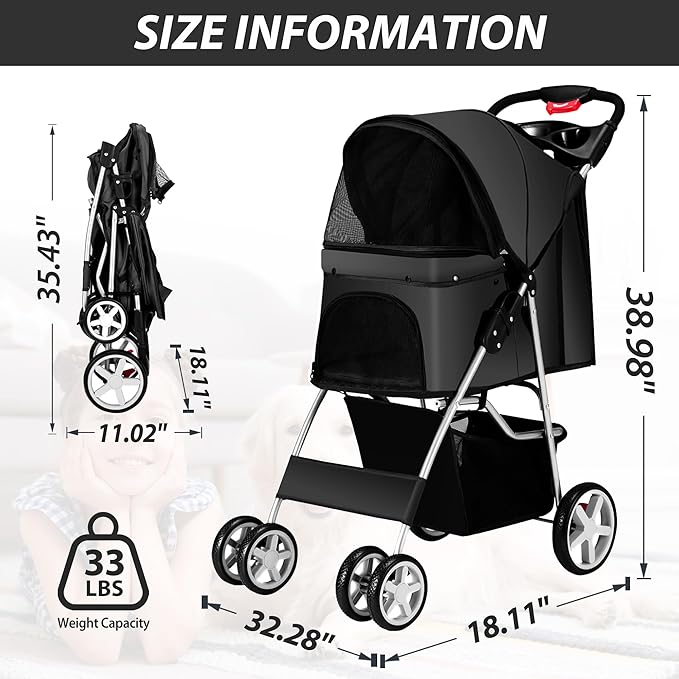 4 Wheels Pet Stroller for Small Medium Dogs Cats 10-33 lbs, Foldable Dog and Cat Stroller with Cup Holder & Storage Basket & Breathable Mesh, Pet Strolling Cart for All-Season, Black-PurrikoPets