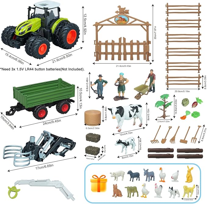 46Pcs Farm Toys, Tractor Toy w/Lights & Sound, Farm Animals Toys for 3 4 5 6 7 8+ Year Old Toddler Girls Boys Kid, Figures Farmer Vehicle Truck Fence Farm Playset Educational Learning Toys-PurrikoPets