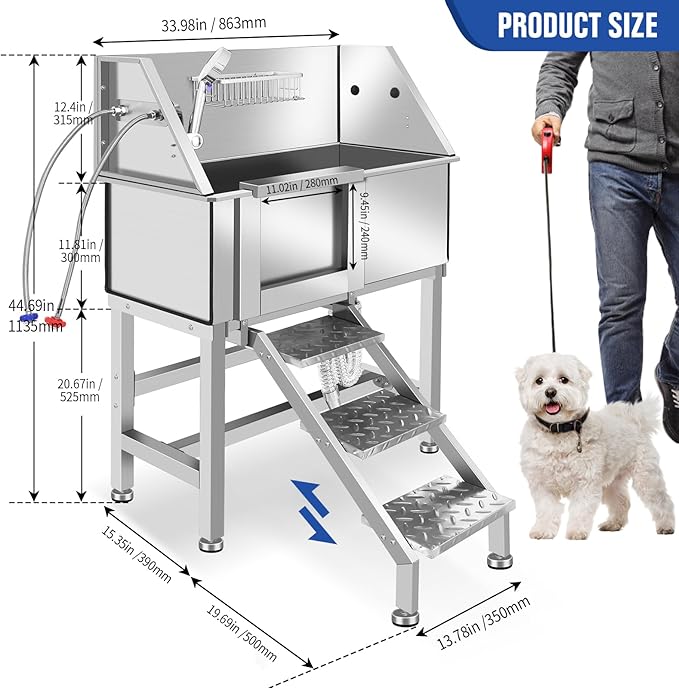Dog Washing Station 38'' Stainless Steel Pet Grooming Tub for Large Dogs Over-Size Professional Dog Grooming Bathtub Station Wash Shower Sink Pet Grooming Bathtub Station-PurrikoPets
