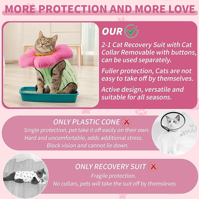 EMUST 2PCS Cat Recovery Suit and Cone Collar - Breathable Spay Suit, Adjustable Soft E Collar Alternative for Cats After Surgery - Green, L (8-16lb)-PurrikoPets