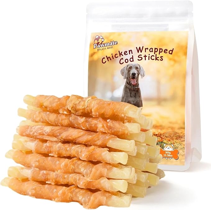 Dog Treats Chicken Wrapped Cod Sticks, Natural Chicken Cod Jerky Treats Rich in Omega-3, High Protein Chewy Training Treats Dog Snacks for Small Medium Large Dogs, 15-17 Counts, 10.6 oz-PurrikoPets
