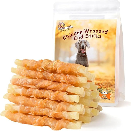 Dog Treats Chicken Wrapped Cod Sticks, Natural Chicken Cod Jerky Treats Rich in Omega-3, High Protein Chewy Training Treats Dog Snacks for Small Medium Large Dogs, 15-17 Counts, 10.6 oz-PurrikoPets