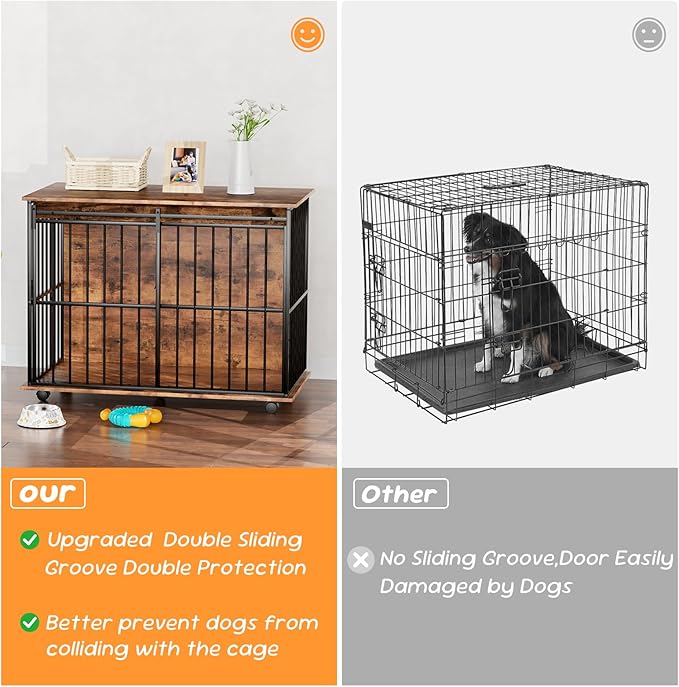 43.7" Dog Crate Furniture, XL Dog Crate Dog Kennel Indoor with Wheels for Large Medium Small Dogs, Wooden Dog Kennel End Table with Sliding Door Wooden Furniture Crates for Living Room, Bedroom-PurrikoPets