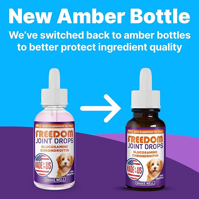 Freedom Joint Drops for Dogs with Hyaluronic Acid, MSM, Glucosamine, & Chondroitin, All Natural Liquid Joint Supplement for Dogs for Pain Relief, Mobility and Hip Support, 30 ml Dropper-PurrikoPets