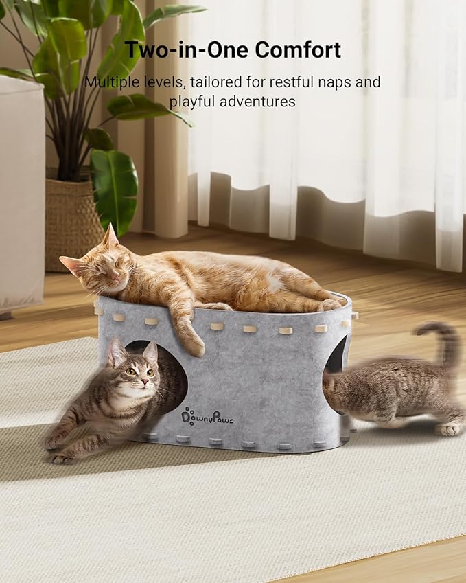 DownyPaws Cat House for Indoor Cats, Cat Bed Cave for Multiple & Large Cats Up to 22 Lbs, Scratch Resistant Peekaboo Cat Caves, Foldable Tunnel Enclosed Bed, PeekaPurr, Marble-PurrikoPets