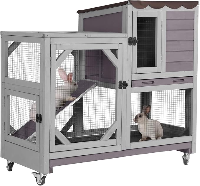 Aivituvin Rabbit Cage Indoor Outdoor Bunny Hutch on Wheels, 2 Story Wood Guinea Pig Cages with 2 Deeper Pull Out Trays (Gray)-PurrikoPets
