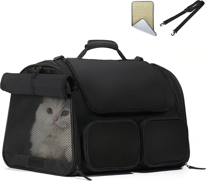 FUKUMARU Cat Carrier, 4 Mesh Windows Small Dog Carrier, 4 Storage Pockets Cat Travel Bag, Under 15 lb Airline Approved Pet Carrier, Rollable Cover for Nervous Cats, Black-PurrikoPets