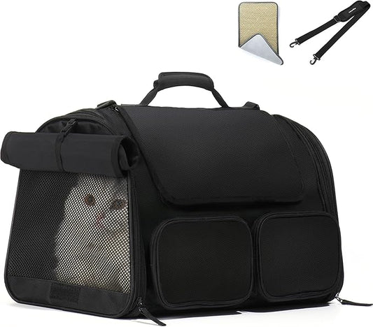 FUKUMARU Cat Carrier, 4 Mesh Windows Small Dog Carrier, 4 Storage Pockets Cat Travel Bag, Under 15 lb Airline Approved Pet Carrier, Rollable Cover for Nervous Cats, Black-PurrikoPets