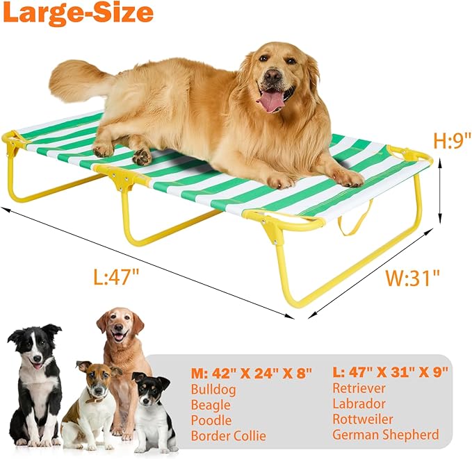 Dog Elevated Bed Foldable Portable Raised Bed Camping cot Outdoor Summer Dog Bed (Large, GreenStripes-Oxford Fabric)-PurrikoPets
