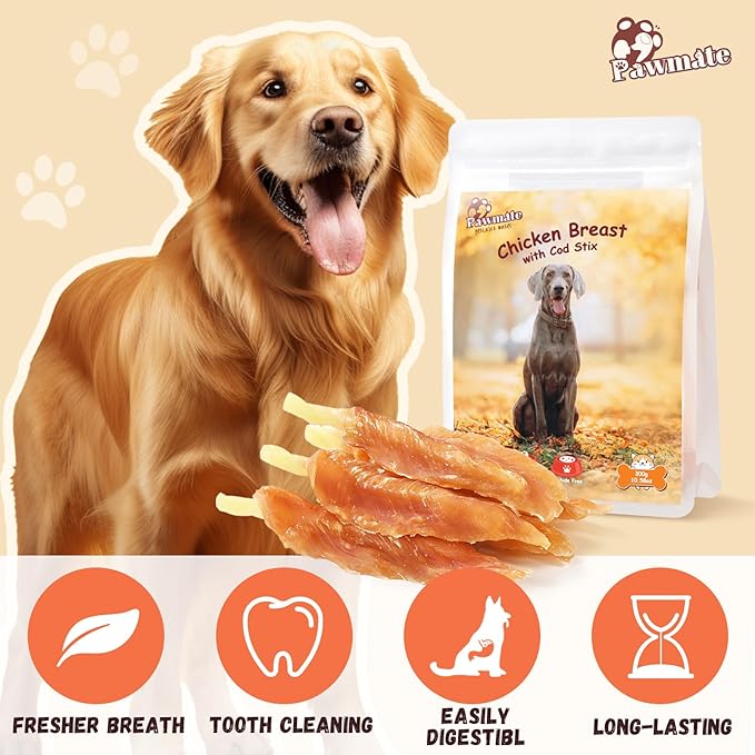 Dog Treats Chicken Tender Wrapped Cod Sticks, Rawhide-Free High Protein Dog Jerky Soft Chews, Healthy Training Snacks for Small Medium Large Dogs, 9-10 Counts, 10.6 oz-PurrikoPets
