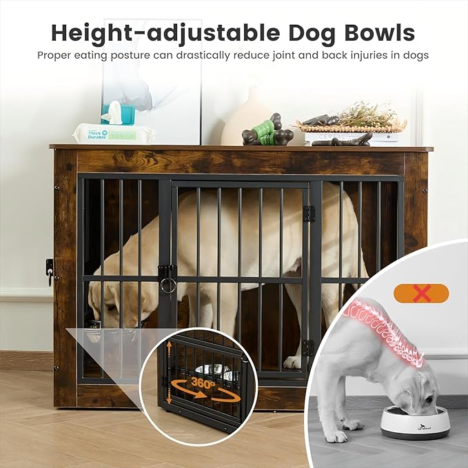 Gardner Pet Dog Crate Furniture for Medium Dogs, 32.7 Inch Dog Kennel Indoor, Wooden Dog Cage End Table with 2 Removable Bowls, Heavy Duty Dog Crate, Rustic Brown-PurrikoPets