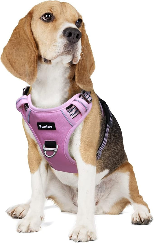 Funfox Dog Harness No Pull, Adjustable Pet Vest Harness, Super Soft Material with Vertical Handle Easy Control, Reflective Night Walking, 2 Leash Clips for Medium Sized Dogs, Pink, M-PurrikoPets