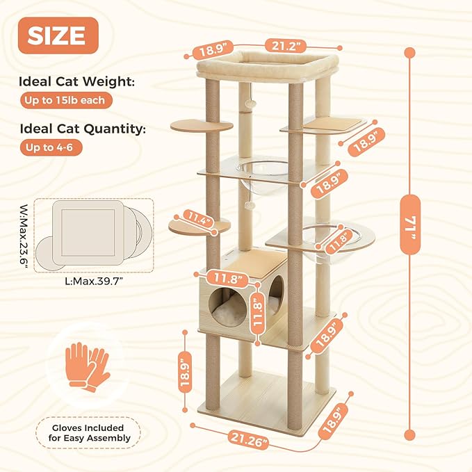 71" Tall Wood Cat Tree for Large Cats, Modern Cat Tower with 2 Acrylic Bowls, Large Top Perch, Spacious Cat Cave (Soft Cushion Included), 10 Sisal Scratching Posts and Non-Slip Jump Platforms-PurrikoPets