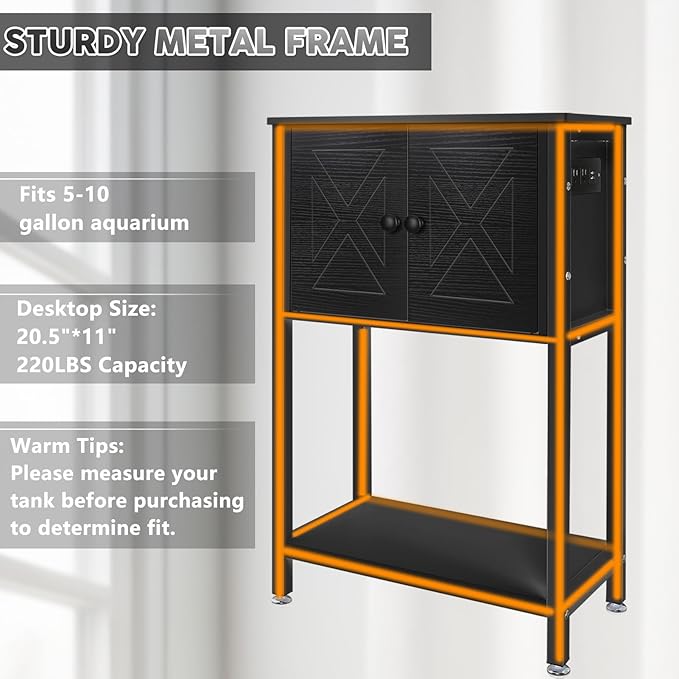 5-10 Gallon Fish Tank Stand, Heavy Duty Aquarium Stand with Cabinet & Power Outlets for Fish Tank Accessories Storage, Double Tank Stand 20.5" L* 11" W Tabletop, 220LBS Capacity Black-PurrikoPets