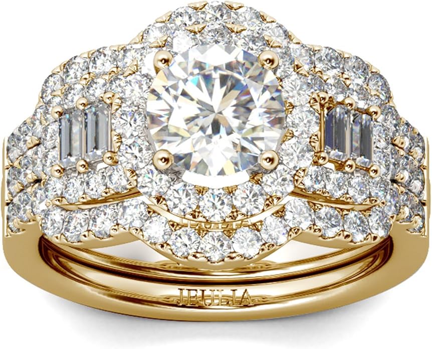 Jeulia 2 Carat Engagement Halo Rings for Women Sterling Silver Round Cut Bridal Set Cubic Zirconia Wedding Diamond Band Rings Promise Anniversary Rings for Her