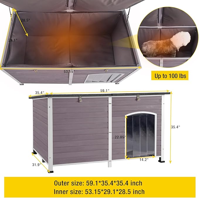 Aivituvin Large Dog House with Insulated Liner for Outdoor, Waterproof Outsides Heated Dog Kennel for Small Medium Large Dog with All-Around Iron Frame-PurrikoPets