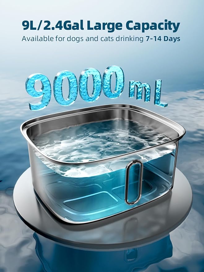 Dog Water Fountain for Large Dogs, 9L/2.4Gal Stainless Steel Dog Fountain with Water Level Window & Filtration, Automatic Pet Water Bowl Dispenser Indoor, Super Quiet for Multi-Pet-PurrikoPets