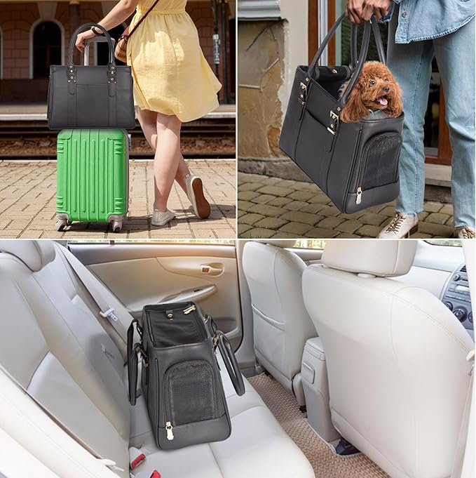 Fashion Pet Carrier Dog Purse Cat Bag Soft-Sided Carriers Travel Airline Approved, Stylish Leather Tote Handbag for Small Animal Puppy Kitten (Black)-PurrikoPets