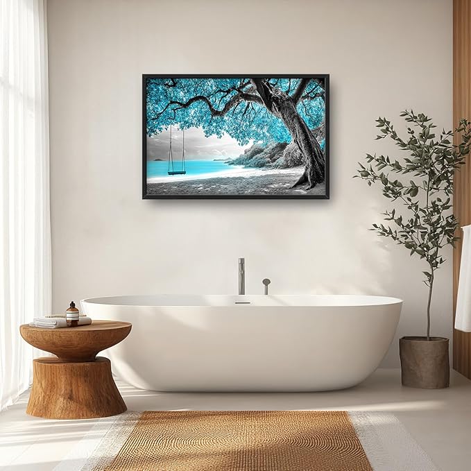 Extra Large Framed Abstract Tree Wall Art,Black and White Tree of Life Wall Decor,Blue Teal Sea Pictures for Living Room,Canvas Print Painting Modern Artwork Bedroom Office Bathroom 36L x 24W-PurrikoPets