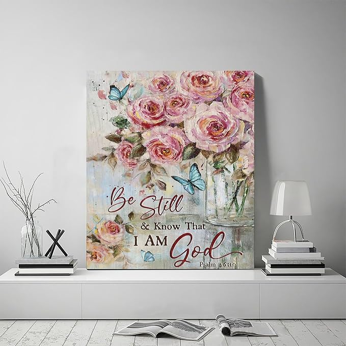 Farmhouse Rose Wall Art Christian Scripture Pictures Pink Rose Wall Decor Rustic Floral Butterfly Canvas Print Painting Artwork for Bathroom Living Room Bedroom 20"x24"-PurrikoPets
