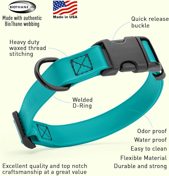 Dogline Biothane Waterproof Dog Collar with Quick Release Buckle Strong Coated Nylon Webbing with Odor- Proof for Easy Care Easy to Clean Fits Small Medium or Large Dogs, Teal 3/4" W 12-19" L-PurrikoPets