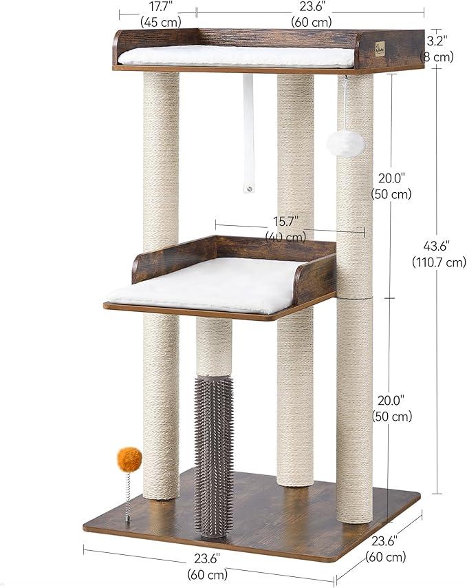 FourFurPets 43.7" Cat Tree, Modern Cat Tree Tower, Cat Tower for Indoor Cats Large Adult, Cat Condo with Scratching Post, Large Perch and Removable Pads,Rustic Brown-PurrikoPets