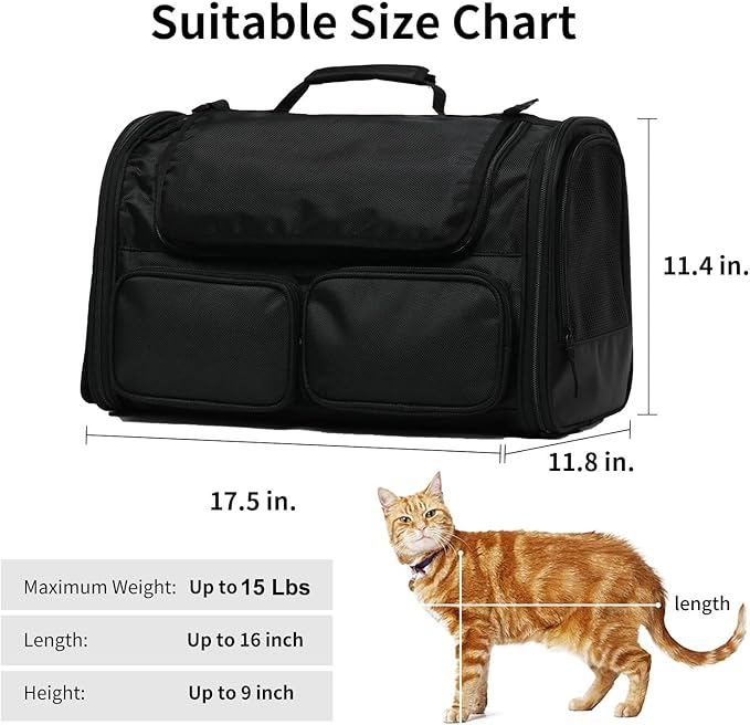 FUKUMARU Cat Carrier, 4 Mesh Windows Small Dog Carrier, 4 Storage Pockets Cat Travel Bag, Under 15 lb Airline Approved Pet Carrier, Rollable Cover for Nervous Cats, Black-PurrikoPets