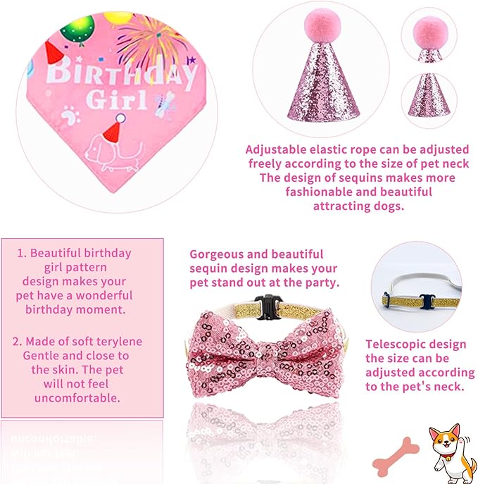 Dog Party Supplies Decorations - Cute Bandana, Let's Pawty Banner, Cake Topper, Hat, Pink Bowtie, Tutu Skirt, Paw Balloon for Birthday Celebration-PurrikoPets
