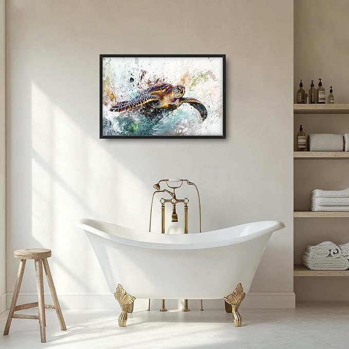 Extra Large Framed Sea Turtle Wall Art,Oversized Abstract Colorful Sea Nautical Wall Decor Pictures for Living Room,Canvas Print Painting Modern Artwork Bedroom Office Bathroom Home Decor 36L x24W-PurrikoPets