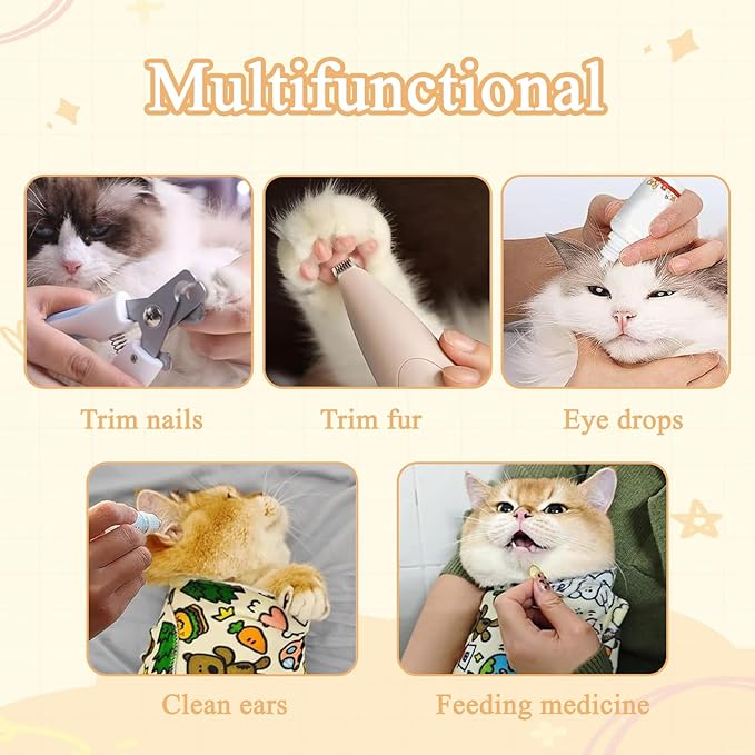 27.6x27.6 Cat Wrap for Cutting Nails, Cat Grooming Wrap with Pet Hair Removal Glove, Cats Restraint for Nail Clipping Ear Cleaning Teeth Brushing-PurrikoPets