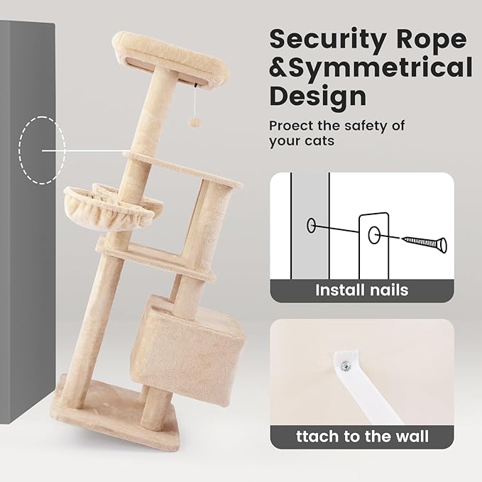 Gardner Pet 65in Heavy Duty Cat Tree Tower for Large Cats, Multi-Level Cat Furniture with Replaceable Sisal Scratching Post, Hammock | Extra-Large Platform & Condo (Beige)-PurrikoPets