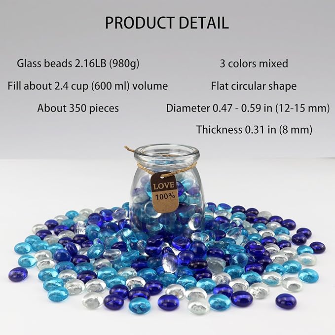 2.16LB Mix Colors Glass Beads Vase Filler Aquarium Gravel Decor Flat Glass Marbles Gems Pebbles Fish Tank Rocks Home Decorative Art Craft - 3 Colors Mixed-PurrikoPets
