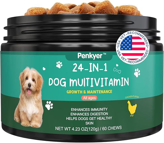 Dog Vitamins and Supplements, Senior & Puppy Multivitamin for Dogs Support with Glucosamine Chondroitin Omega Probiotics, Dog Multivitamins Chews for Hip & Joint, Skin, Immune, Chicken 60 Ct-PurrikoPets