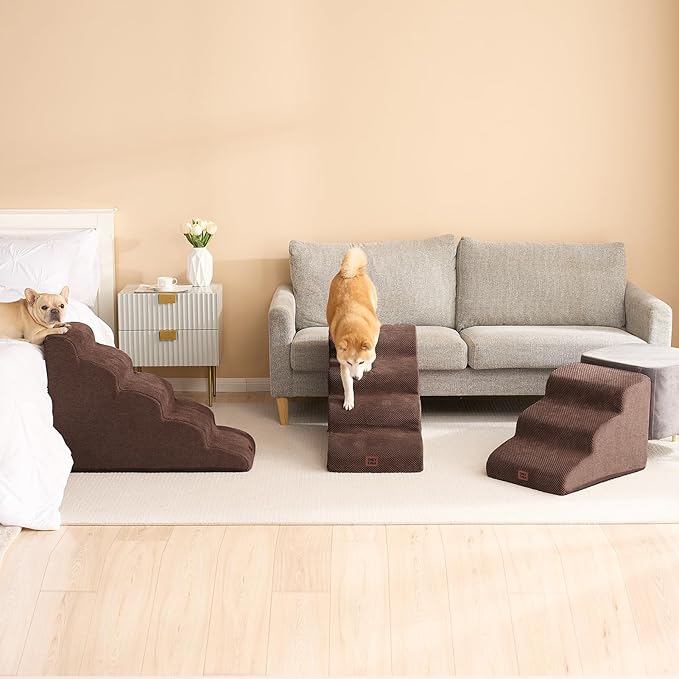 EHEYCIGA Curved Dog Stairs Ramp for High Beds 19.7" H, 4-Step Dog Steps for Small Dogs and Cats, Pet Stairs for High Bed Climbing, Non-Slip Balanced Pet Step Indoor, Brown-PurrikoPets
