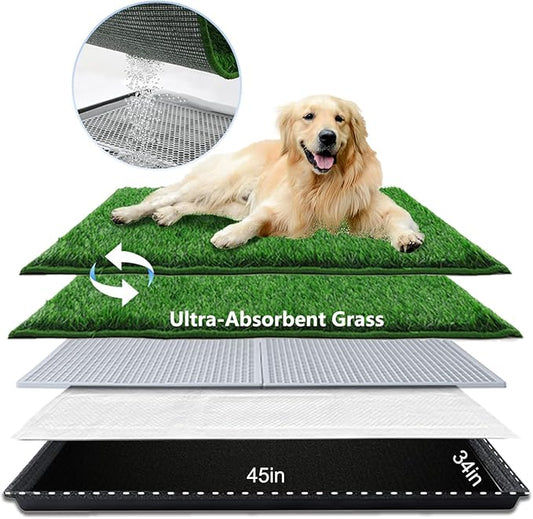 Dog Grass Pad with Tray Extra Large 45”×34”, Dog Potty with Ultra-Absorbent Artificial Grass for Dogs with Hemmed Edge, Pee Pads for Dogs, Realistic, Odor Free Litter Box for Balcony-PurrikoPets