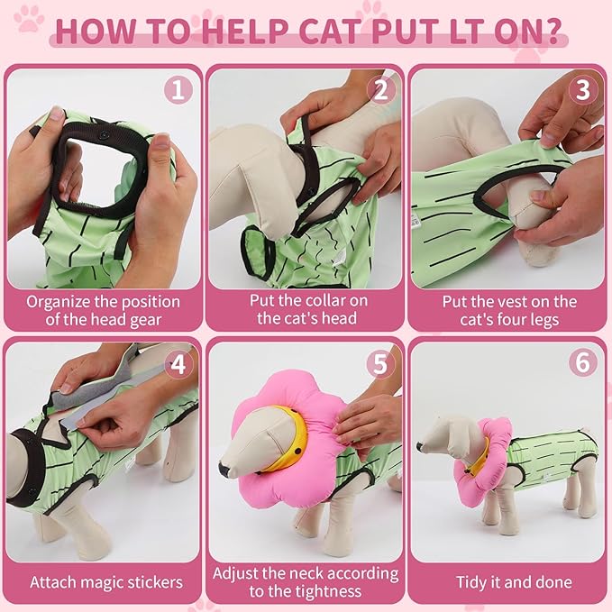 EMUST Cat Recovery Suit and Cone Collar - Cute Surgical Suit for Abdominal Wounds or Skin Diseases, Adjustable Flower Neck Collar Soft for Cats 4-8lb (Green, M)-PurrikoPets