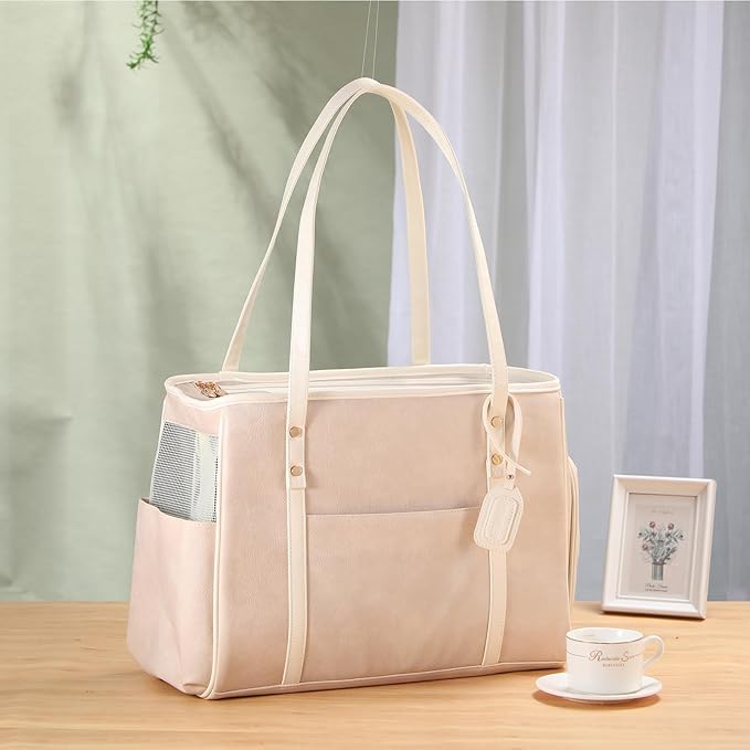 Fashion Dog Carrier Purse, Premium Leather Cat Carrier Bag, Airline Approved Soft Sided Pet Travel Tote Bag with Pockets Beige-PurrikoPets