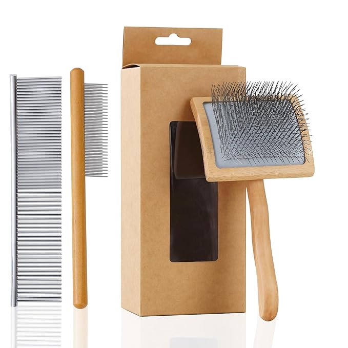 Ergonomic Slicker Brush for Long-Haired Dogs - Wooden Handle, Long Pins for Grooming Goldendoodles-PurrikoPets