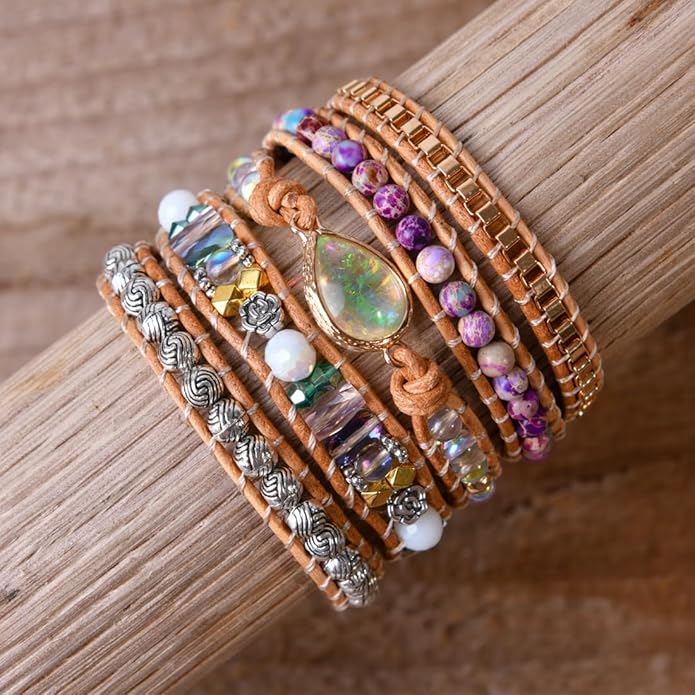 YGLINE Boho Handmade Wrap Leather Tube Crystal Stone Bracelet for Women