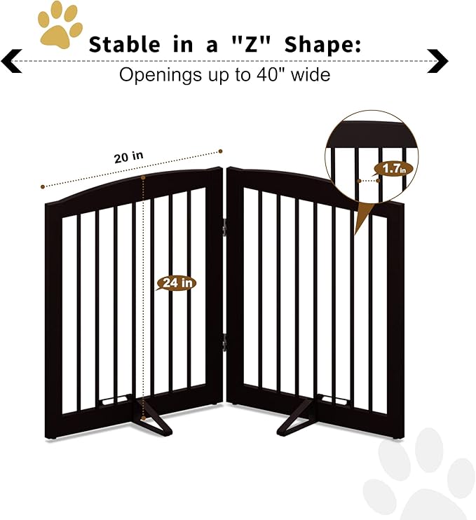 Freestanding Pet Gate for Dogs, Foldable Wooden Dog Gate for House, Indoor Pet Barrier for Stairs, Doorways, Support Feet Included, 24" Height 2 Panels, Brown-PurrikoPets