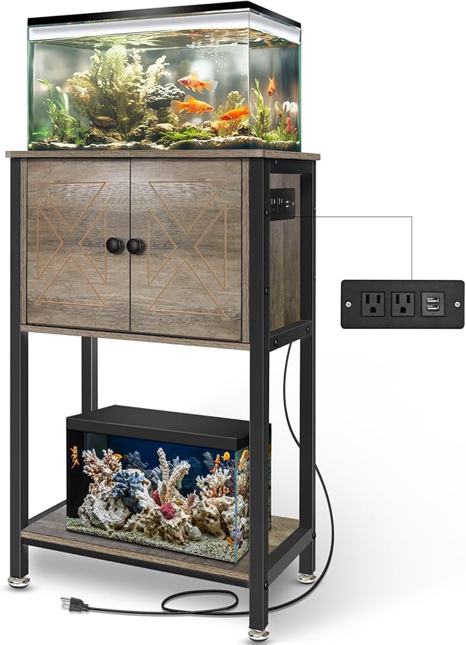 5-10 Gallon Fish Tank Stand, Heavy Duty Aquarium Stand with Cabinet & Power Outlets for Fish Tank Accessories Storage, Double Tank Stand 20.5" L* 11" W Tabletop, 220LBS Capacity, Grey-PurrikoPets