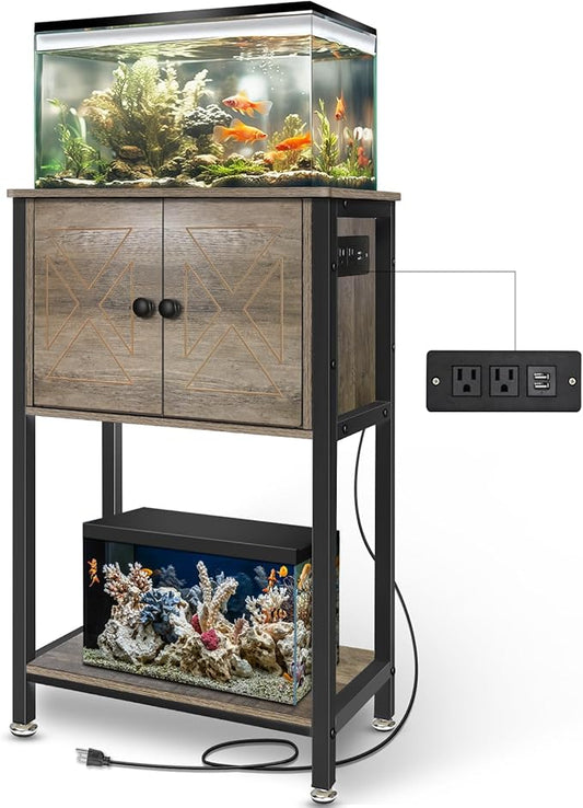 5-10 Gallon Fish Tank Stand, Heavy Duty Aquarium Stand with Cabinet & Power Outlets for Fish Tank Accessories Storage, Double Tank Stand 20.5" L* 11" W Tabletop, 220LBS Capacity, Grey-PurrikoPets