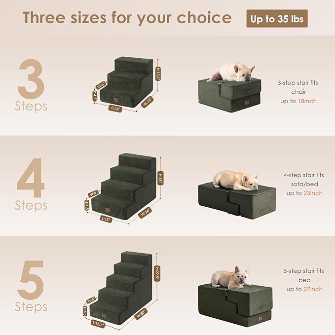 EHEYCIGA Dog Stairs for Bed 18" H, 4-Step Dog Steps for High Bed, Pet Steps for Small Dogs and Cats, Non-Slip Balanced Pet Ramp Indoor, Olive Green-PurrikoPets