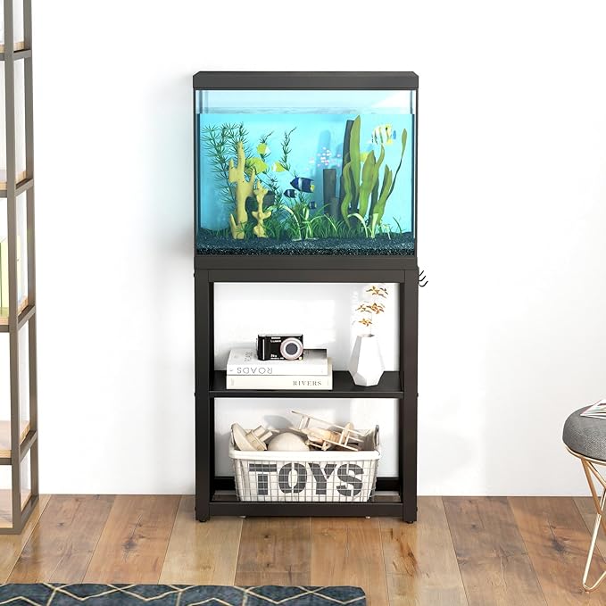 10-20 Gallon Fish Tank Stand with Storage Shelf, Aquarium Stand Measuring 24.8" W x 9.5" D x 30.1" H with Hooks,Heavy Duty Metal Turtle Reptile Tank Stand, Easy Assemble-PurrikoPets