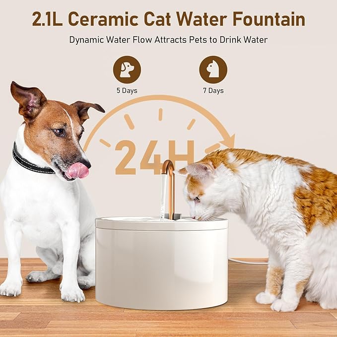 DOOOB Ceramic Cat Water Fountain, 2.1L/71oz Ceramic Cat Fountain, Automatic Ceramic Water Fountain for Cats, Pet Water Fountain with Ultra-Quiet Pump and 3 Filters & 3 Sponges (White)-PurrikoPets