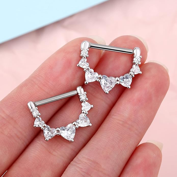 Melighting 2pcs 14G Nipple Rings Surgial Steel 316L Piercing Jewelry Shiny Heart Clear CZ Nipple Bars Rose Gold 14mm