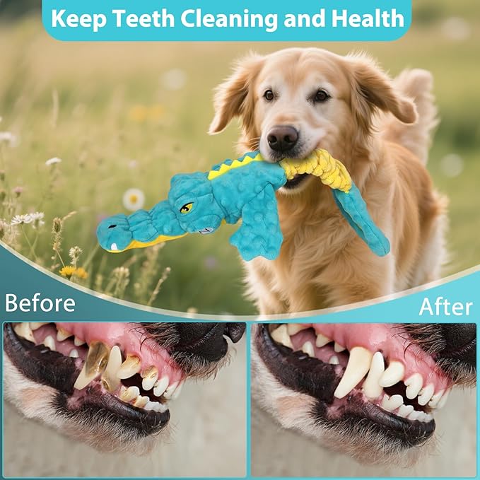 Dog Toys Cute Alligator Dog Toy Tough Plush Puppy Toy for Playtime, Training & Tug of War- Interactive Squeaky & Crinkle Chew Toy for Small to Large Dogs-PurrikoPets